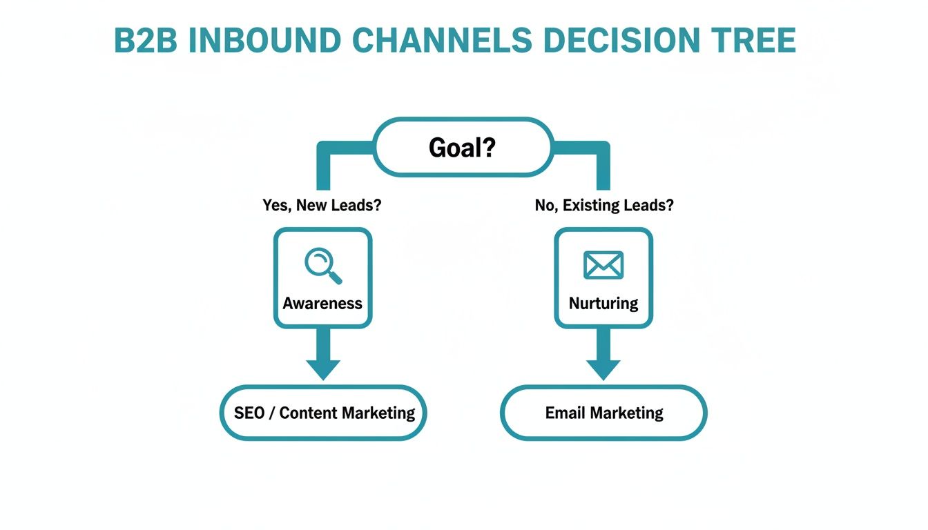 Decision tree illustrating B2B inbound marketing channels based on goals for new vs. existing leads.