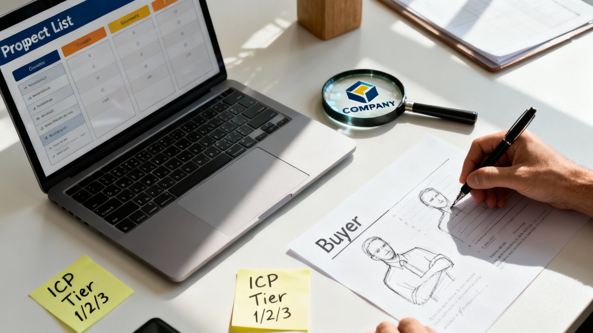 Person analyzing a prospect list on a laptop and sketching a buyer persona, surrounded by business tools.