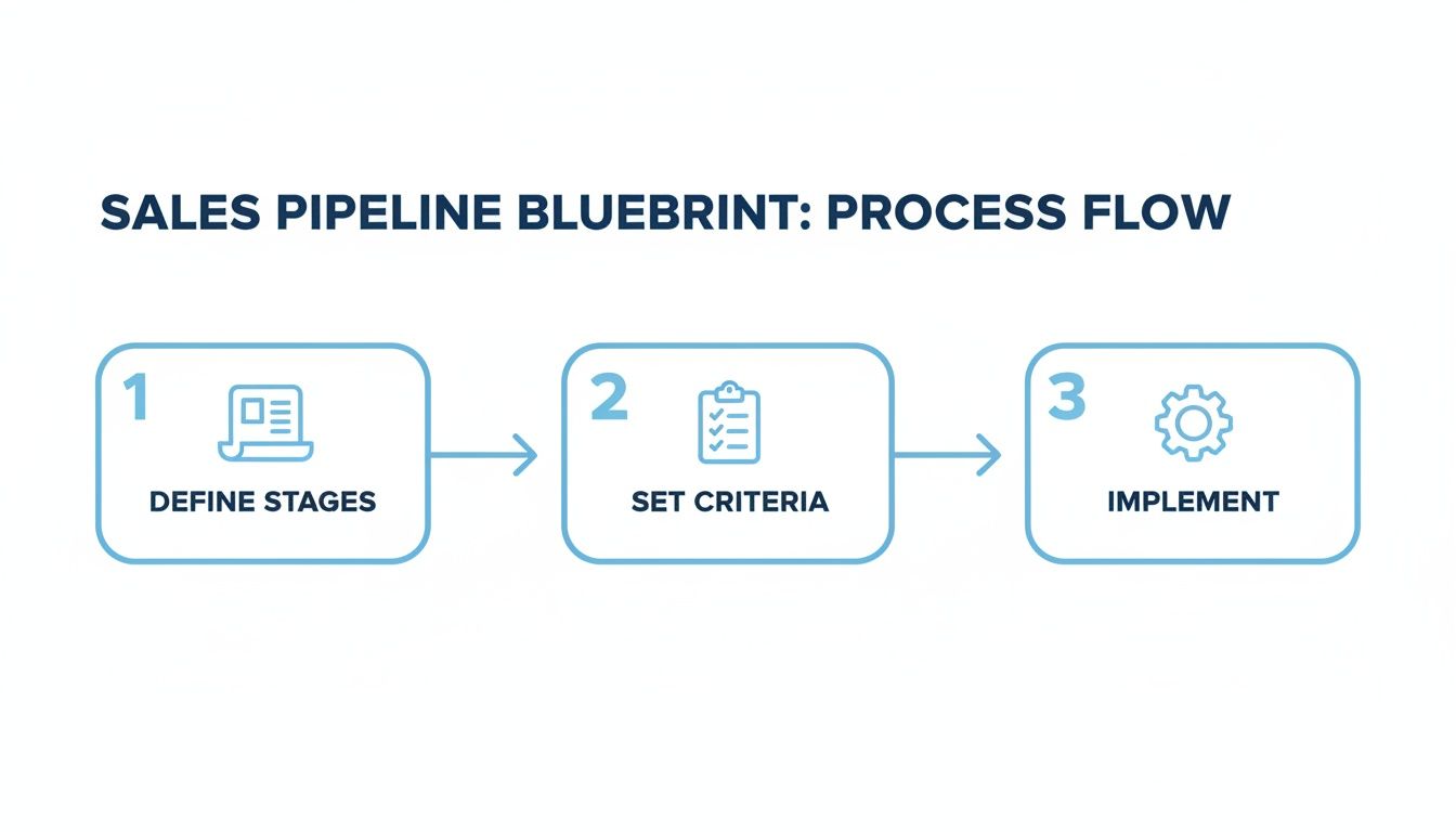 A three-step sales pipeline process flow, starting with defining stages, setting criteria, and finally implementing.