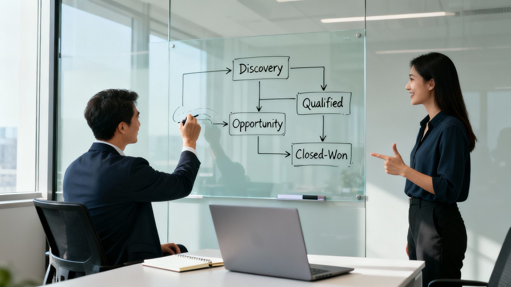Business professionals discuss a sales pipeline flowchart on a glass board, outlining Discovery, Qualified, Opportunity, and Closed-Won stages.