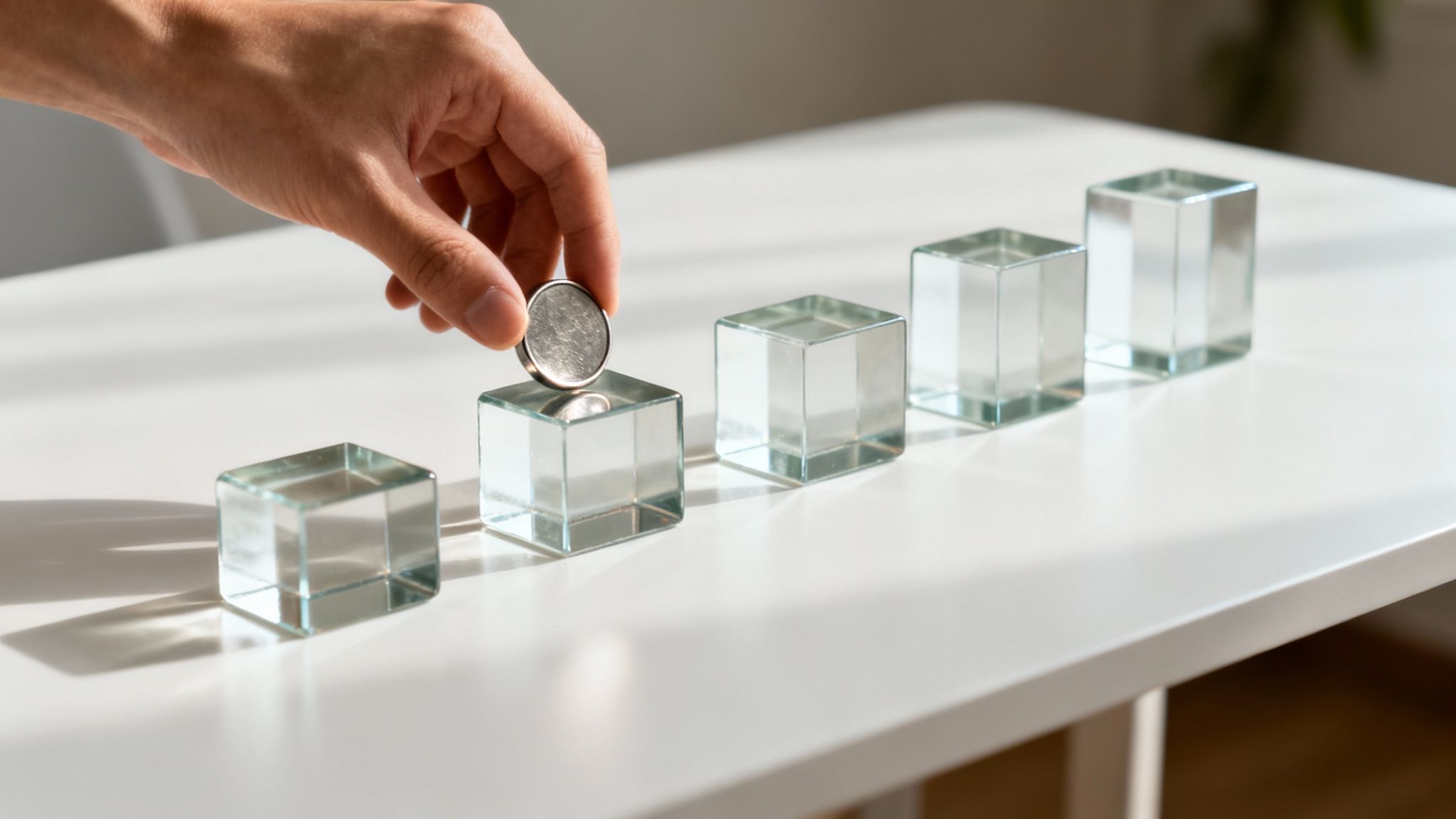 A hand places a silver coin on a clear glass cube, symbolizing financial growth and investment.
