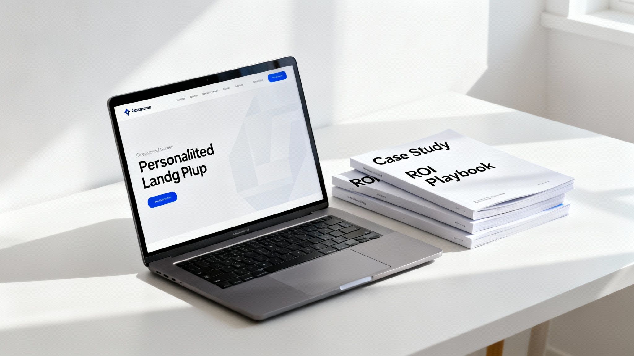 A laptop showing a personalized landing page next to a stack of Case Study ROI Playbook books.