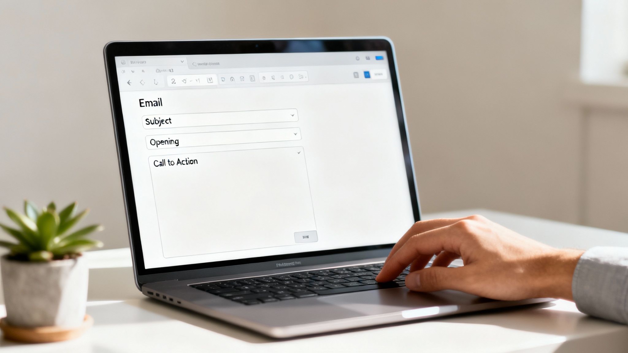 A person types on on a laptop displaying an email draft with fields for subject, opening, and call to action.