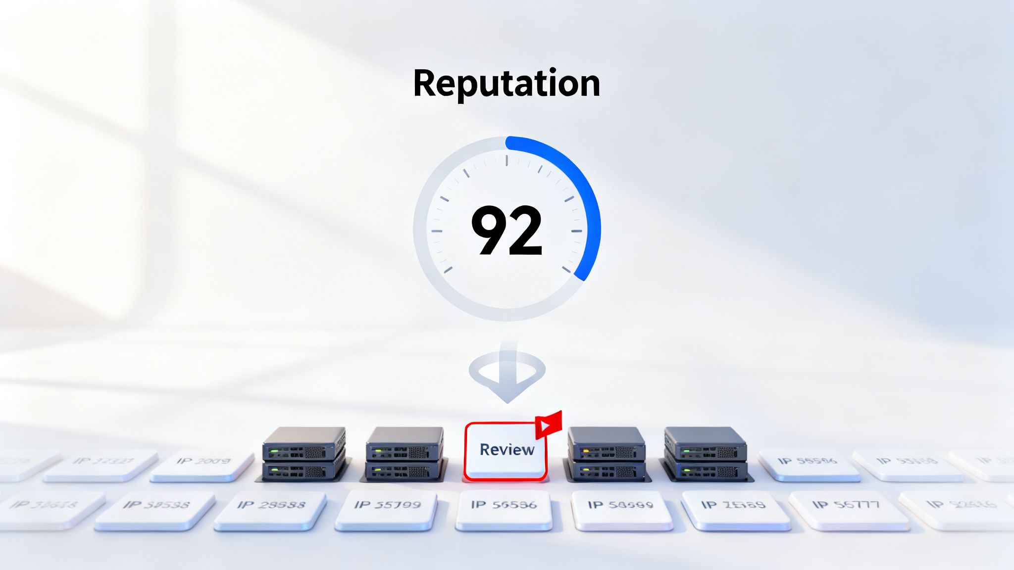 A reputation score of 92 above a server marked for review, surrounded by other IP servers.