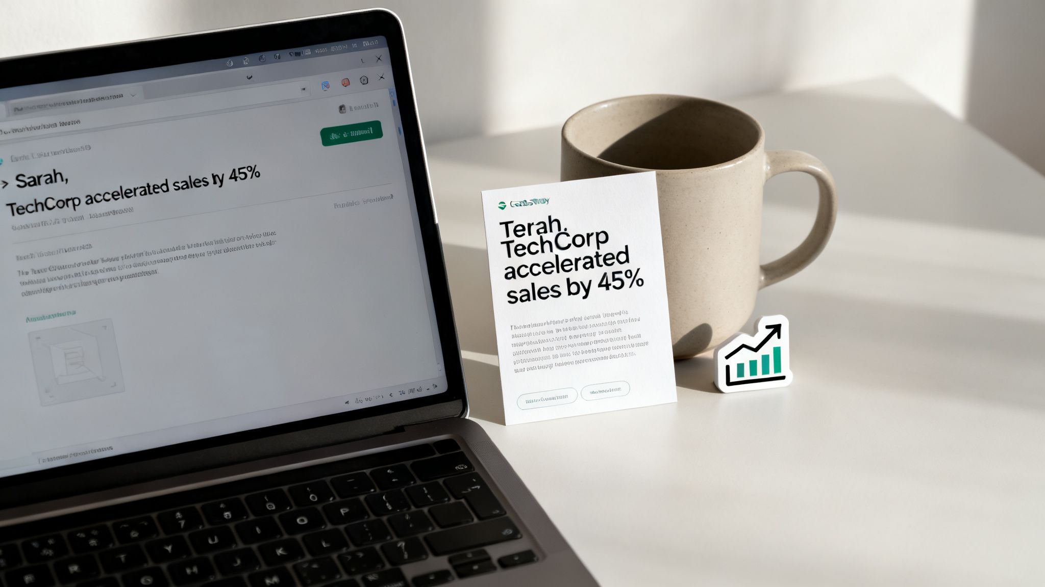 A laptop displays an email about TechCorp's 45% accelerated sales, alongside a matching business card and a growth icon.