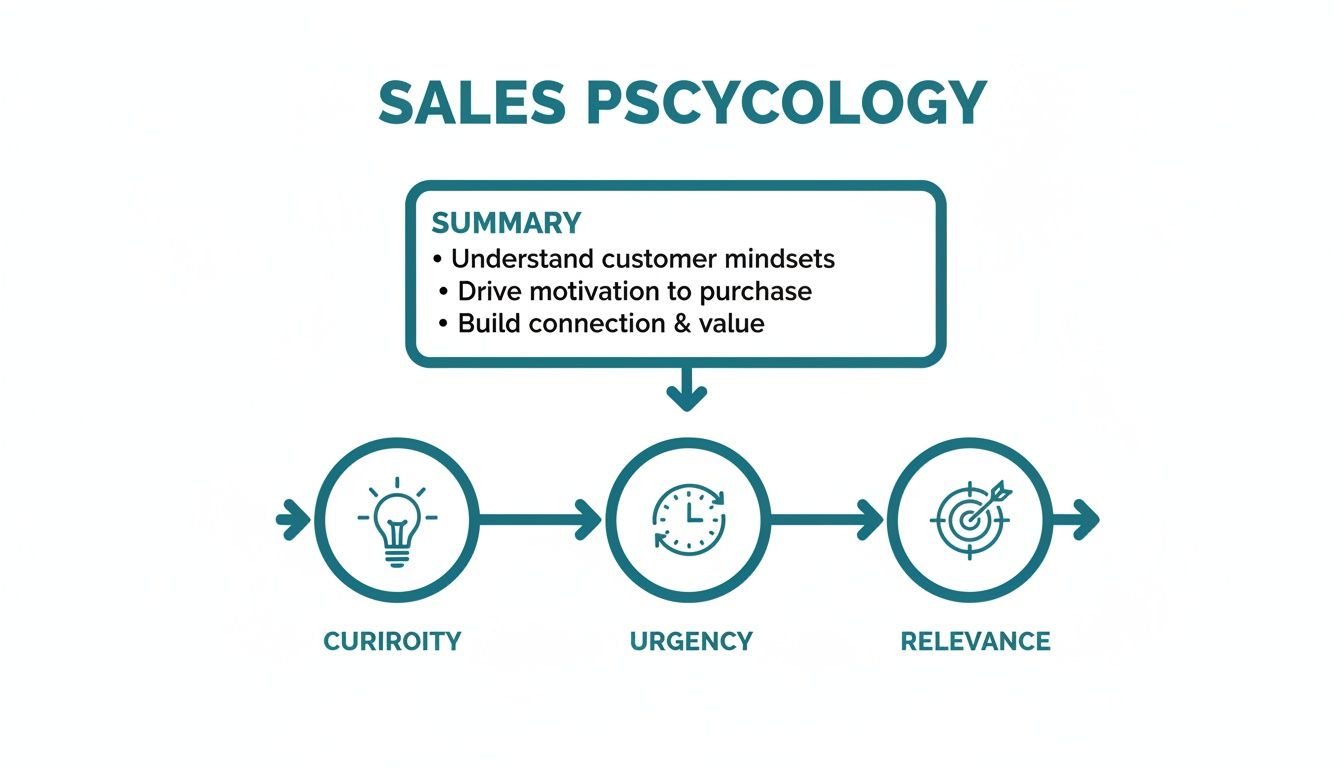 A diagram outlining sales psychology, summarizing understanding customer mindsets, driving motivation, and building connection and value.