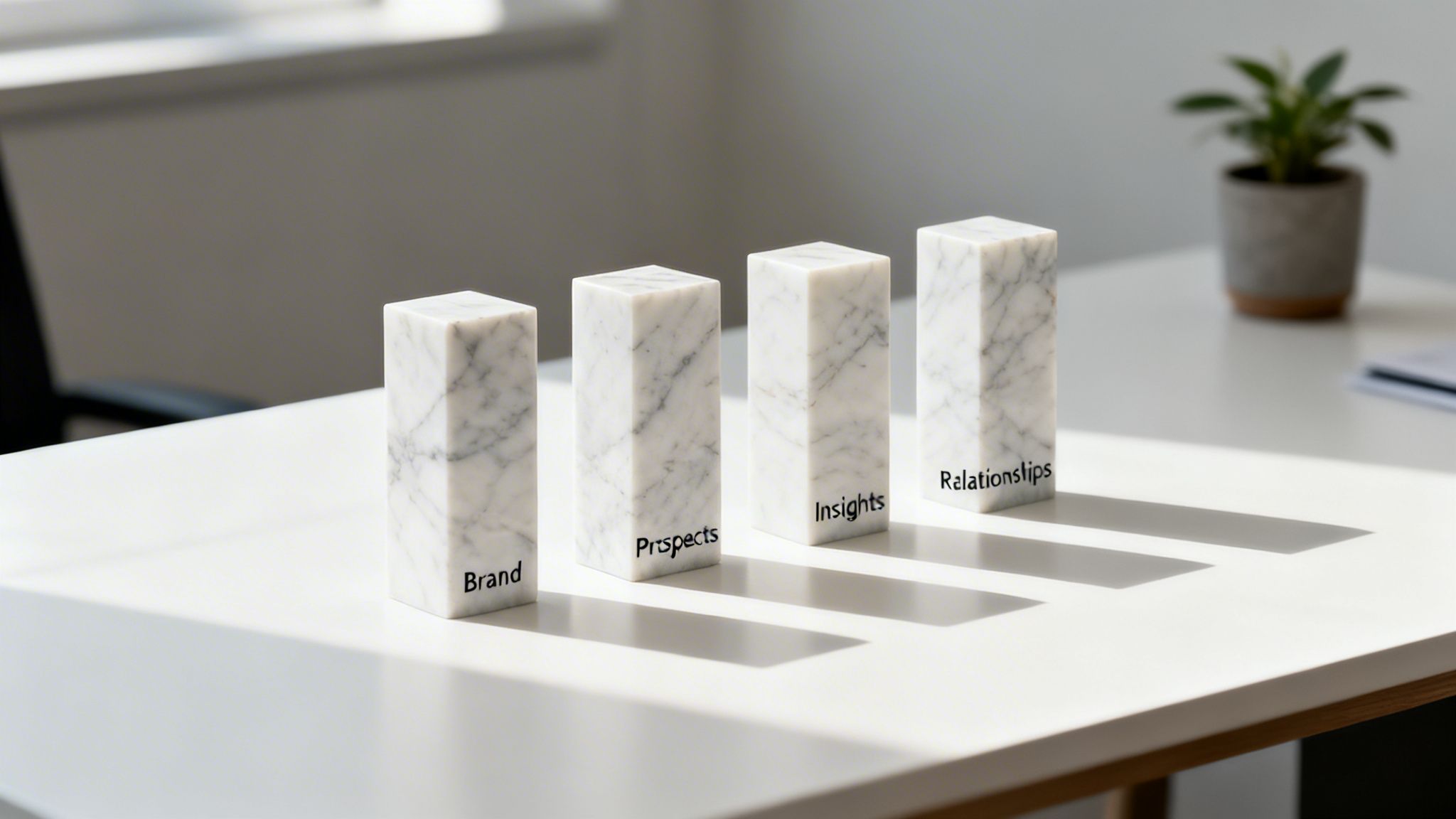 Four marble blocks labeled 'Brand', 'Prospects', 'Insights', 'Relationships' on a white table in an office.