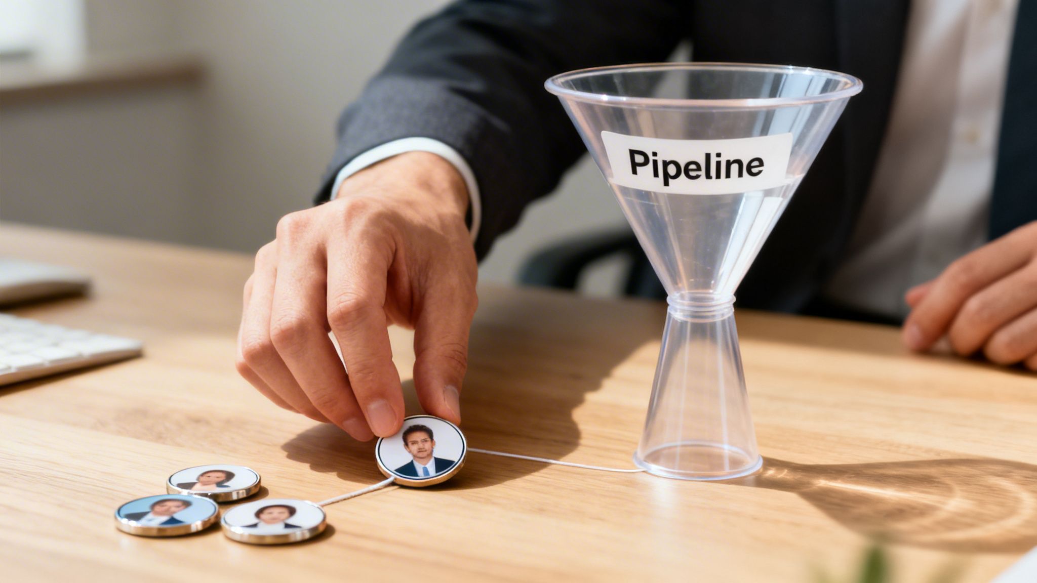 Hand places a candidate profile token into a clear funnel labeled 'Pipeline' on a wooden desk.
