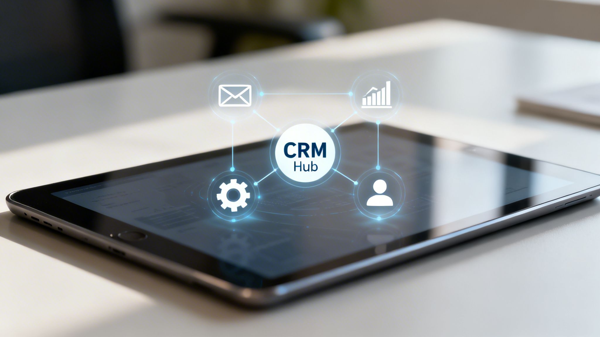 Digital tablet displaying a CRM Hub concept with interconnected icons for sales, marketing, and customer data.