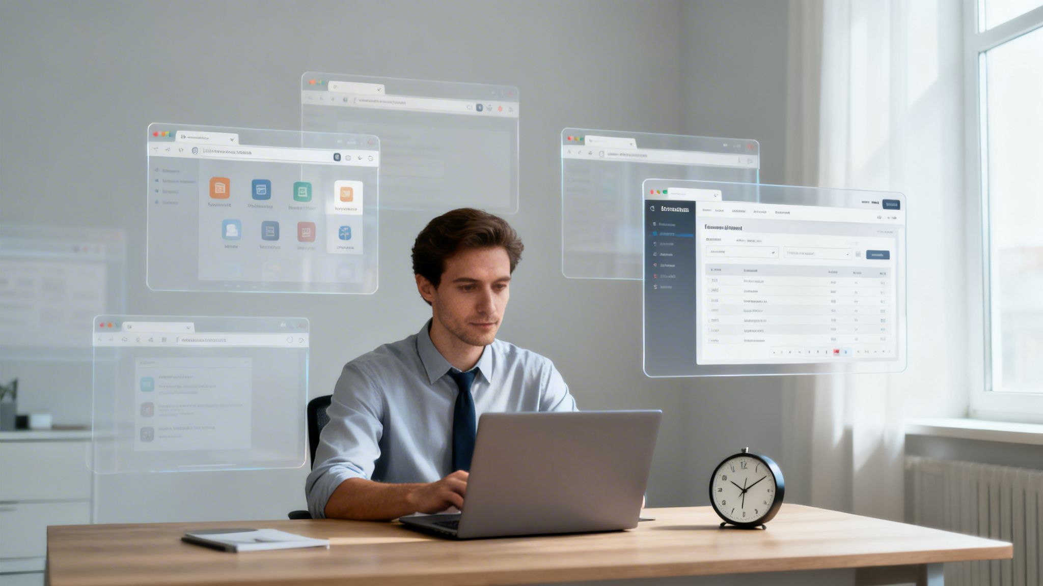 A man works on a laptop, surrounded by multiple floating translucent browser windows in an office.