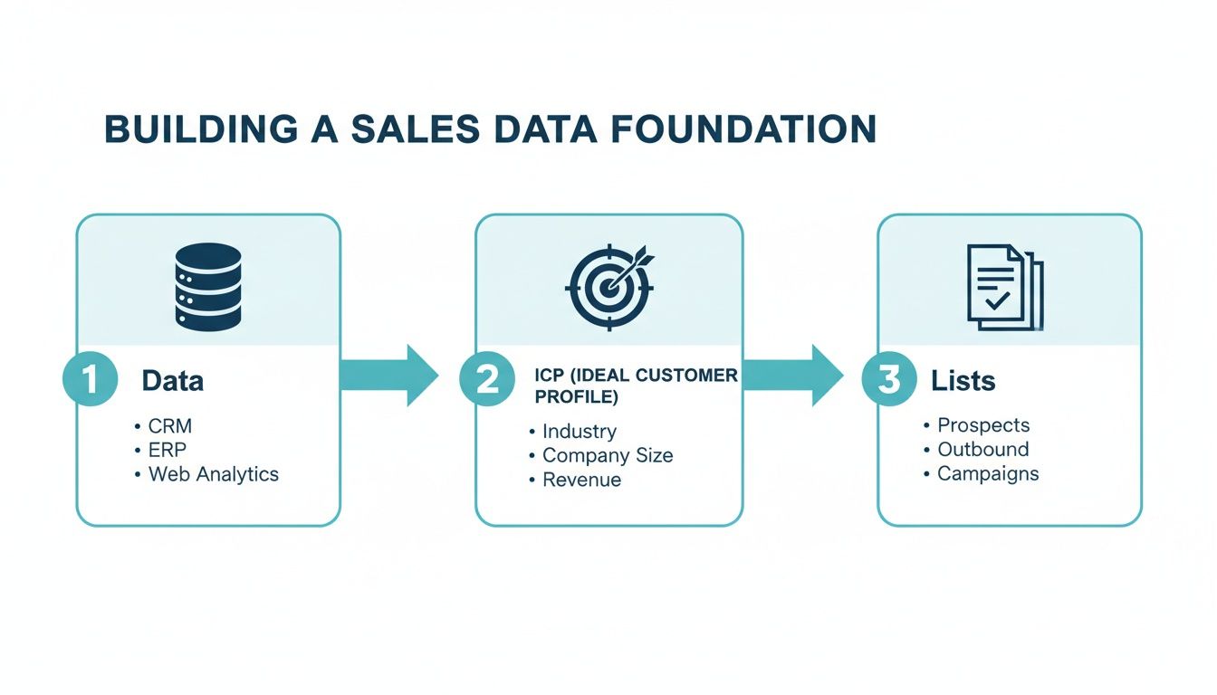A three-step process diagram illustrating how to build a sales data foundation from data to customer profiles and lists.