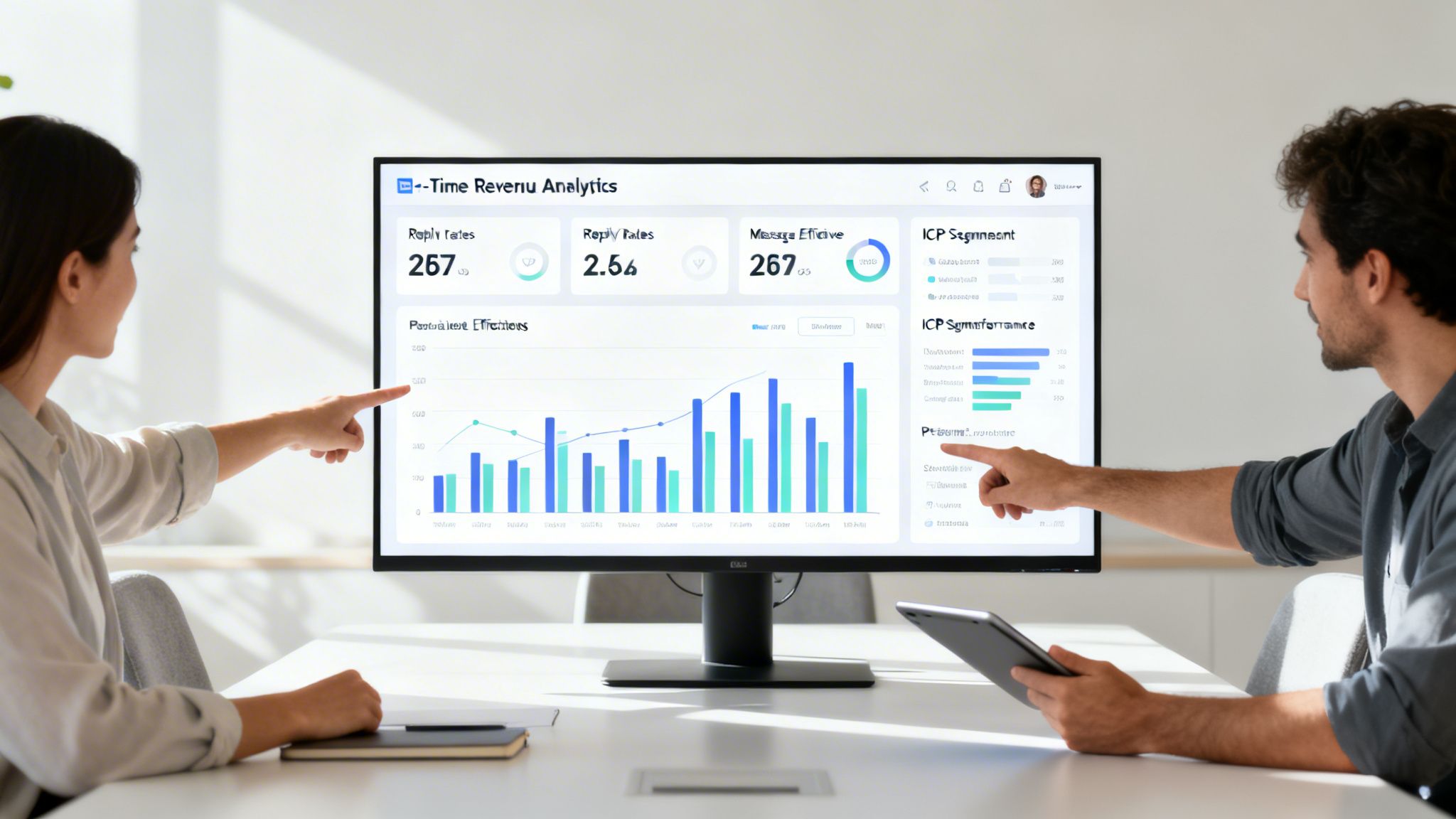 Two business professionals pointing at a monitor displaying revenue analytics and performance dashboards.