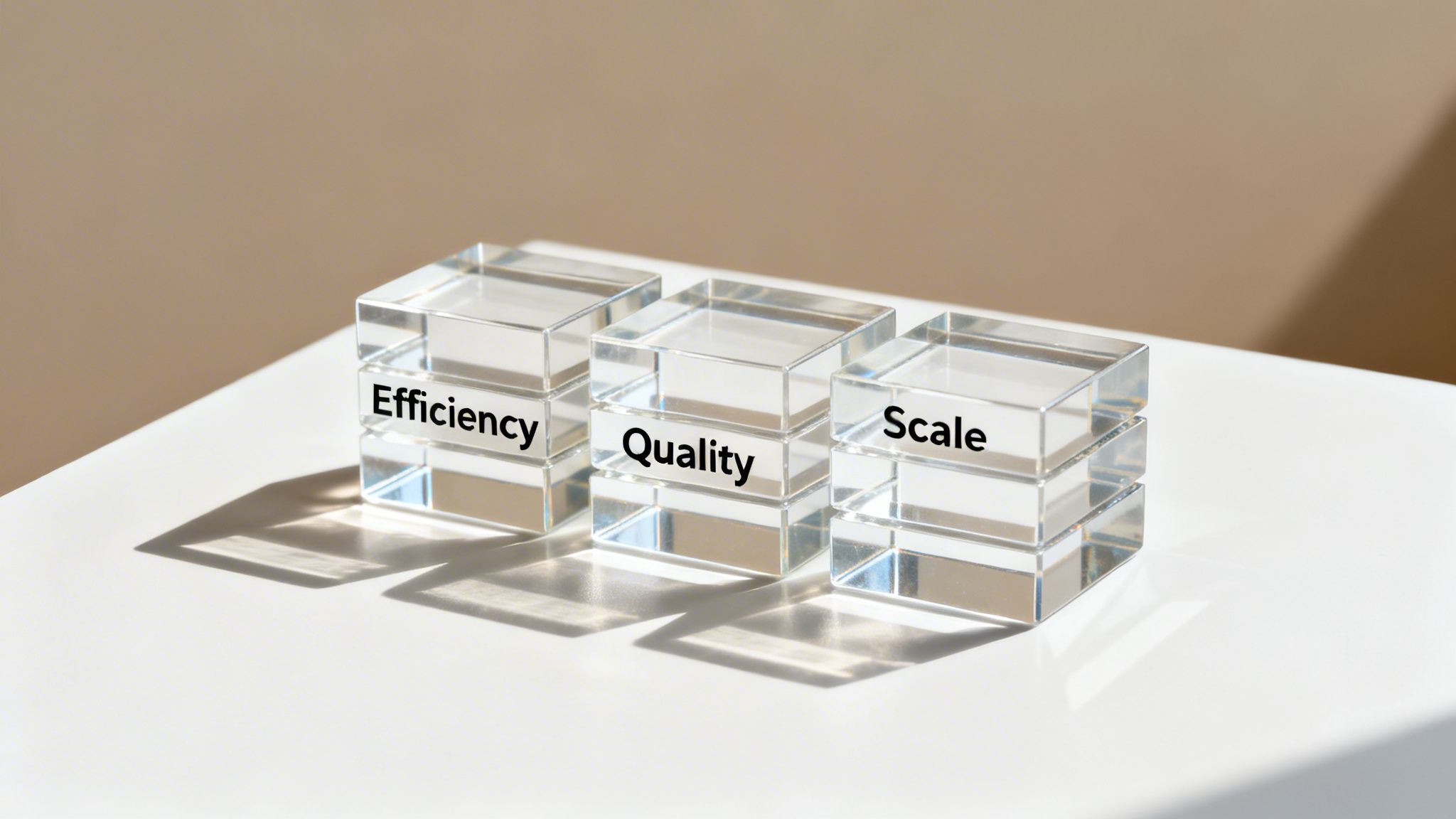 Three clear acrylic blocks displaying 'Efficiency', 'Quality', and 'Scale' on a white surface.