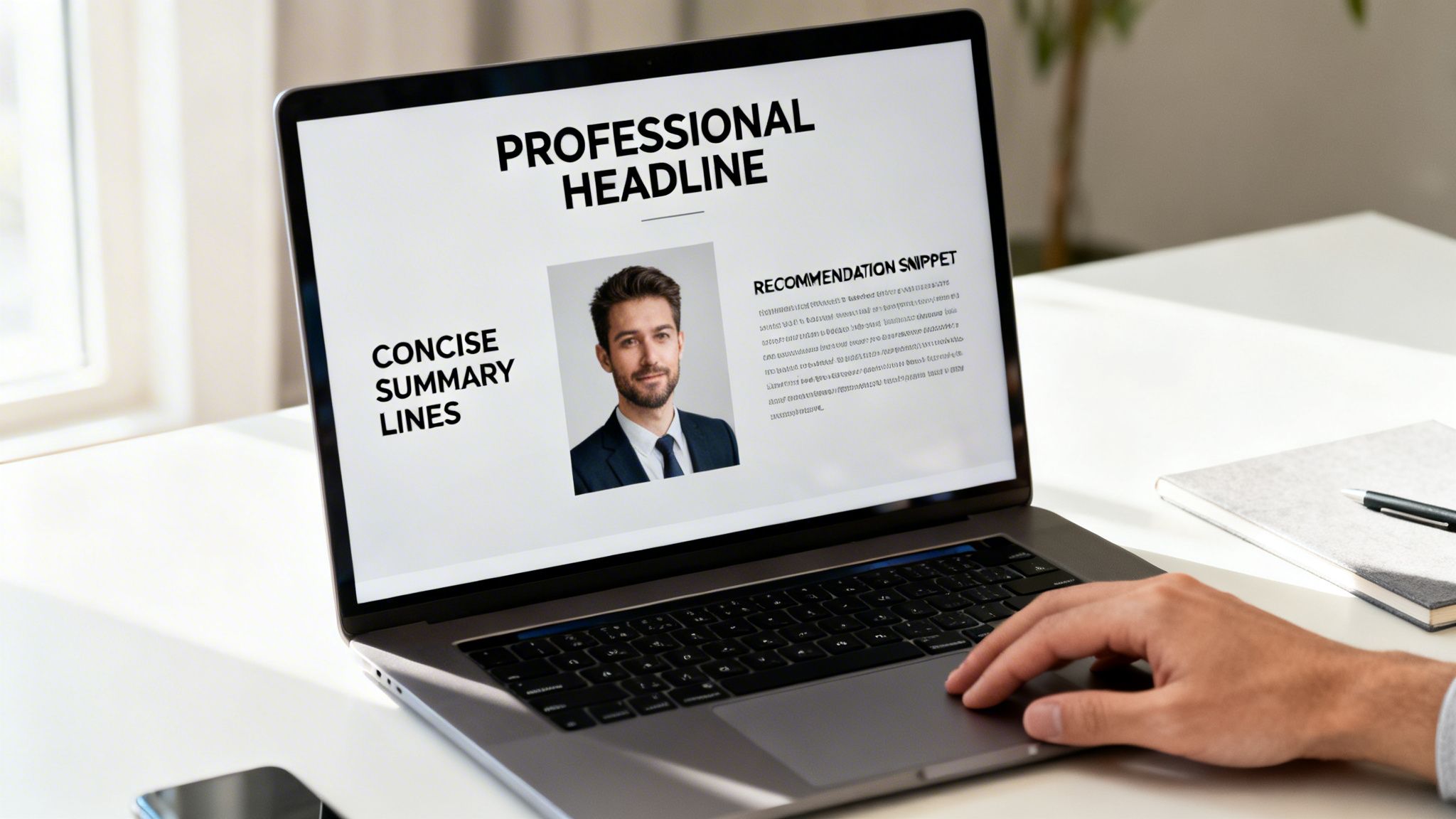 A person's hand using a laptop displaying a professional profile with a headshot and text.