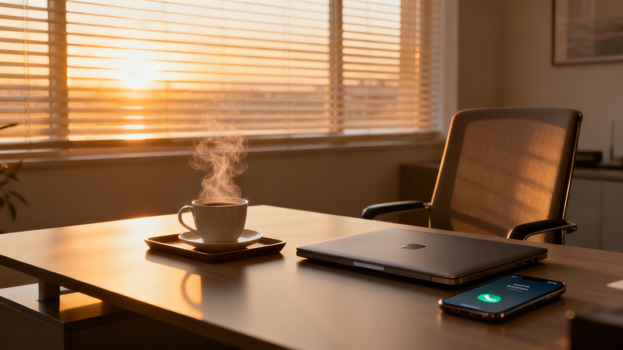 Steaming coffee, laptop, and incoming call on a desk in a warm, sunlit office.