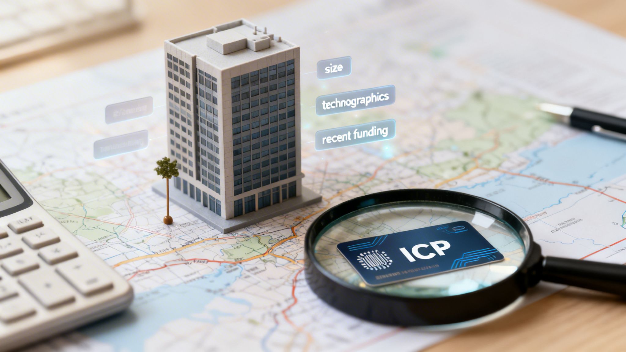 Identifying an Ideal Customer Profile (ICP) on a map with a model building and data attributes like size, technographics, and funding.