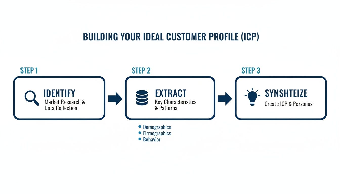 A 3-step infographic explaining how to build an Ideal Customer Profile (ICP), from data collection to persona creation.