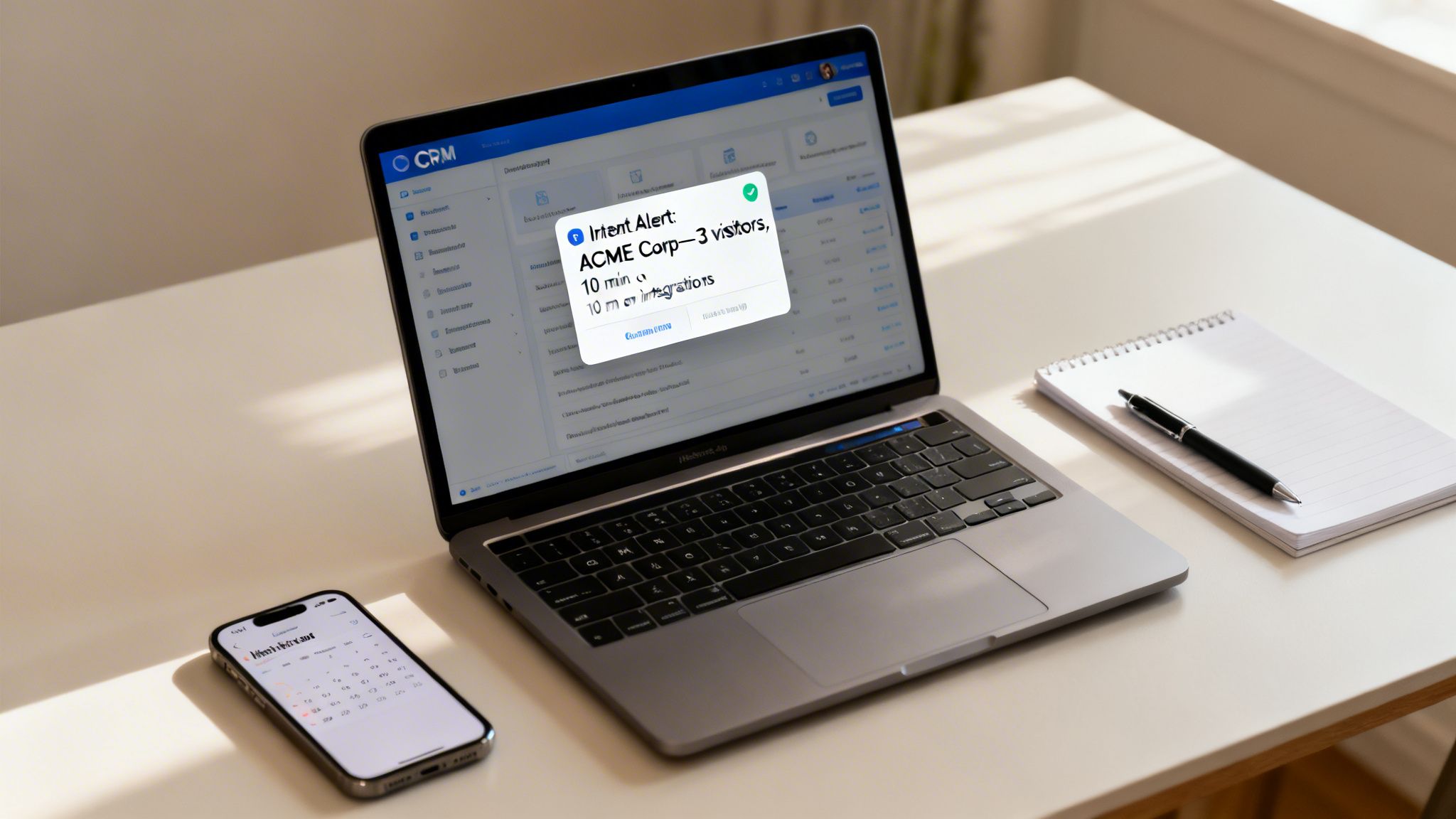 A laptop displaying a CRM dashboard with an 'Intent Alert' showing visitor activity for ACME Corp.