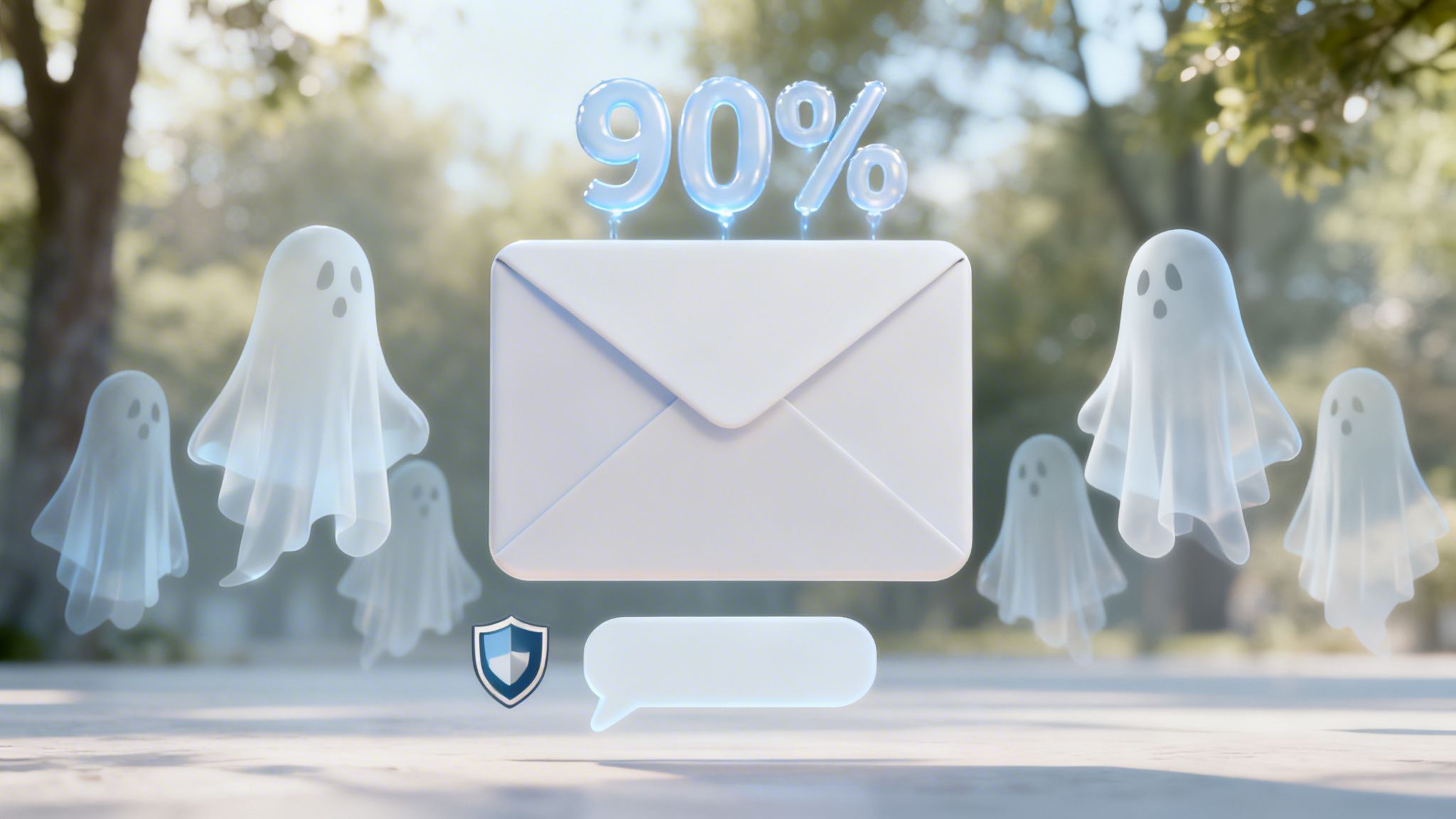 Digital art of a white envelope with glowing 90% above, surrounded by floating translucent ghosts, a shield, and a speech bubble.