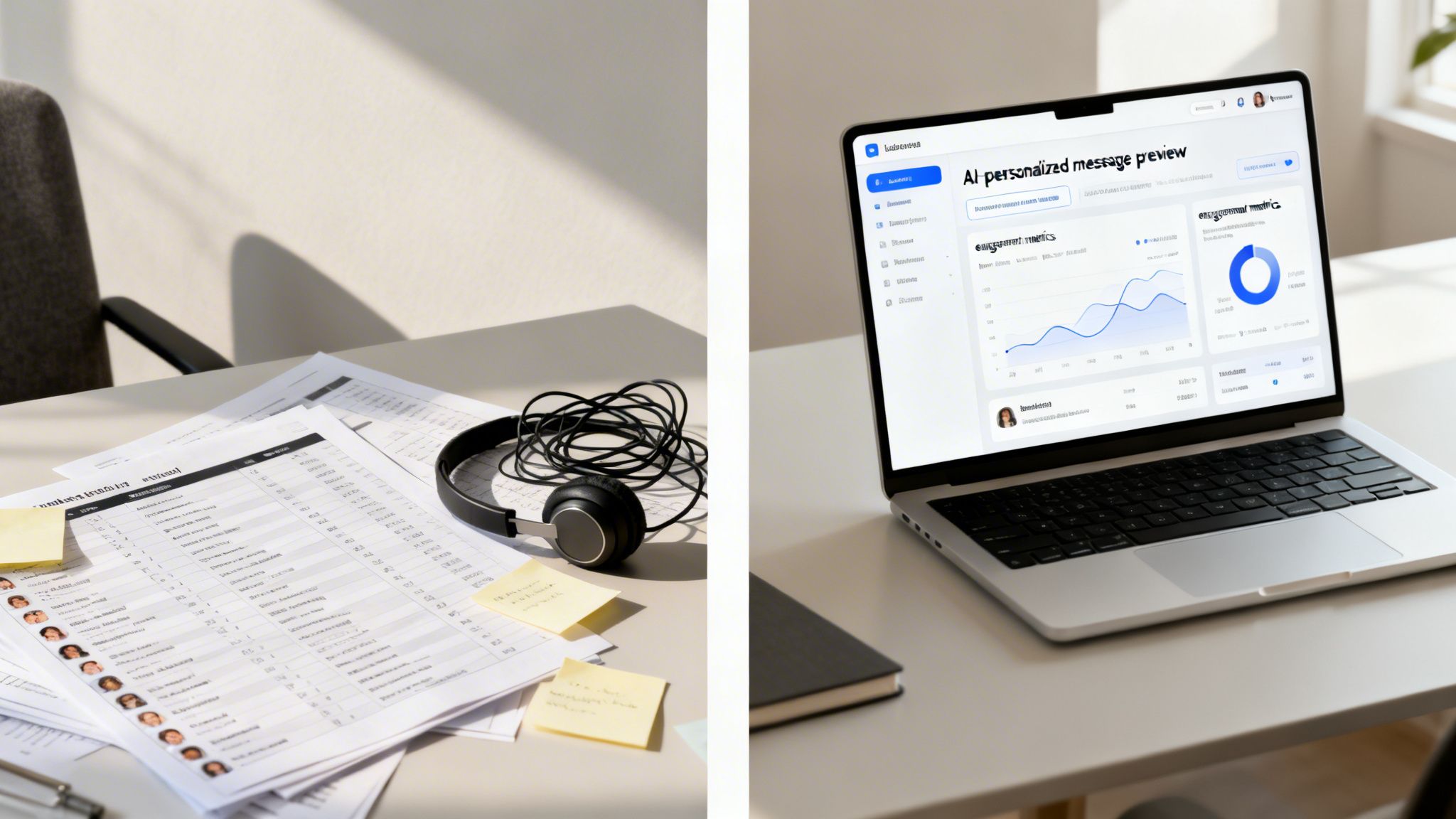 A split image showing two office desks. One has papers and headphones, the other a laptop displaying analytics.