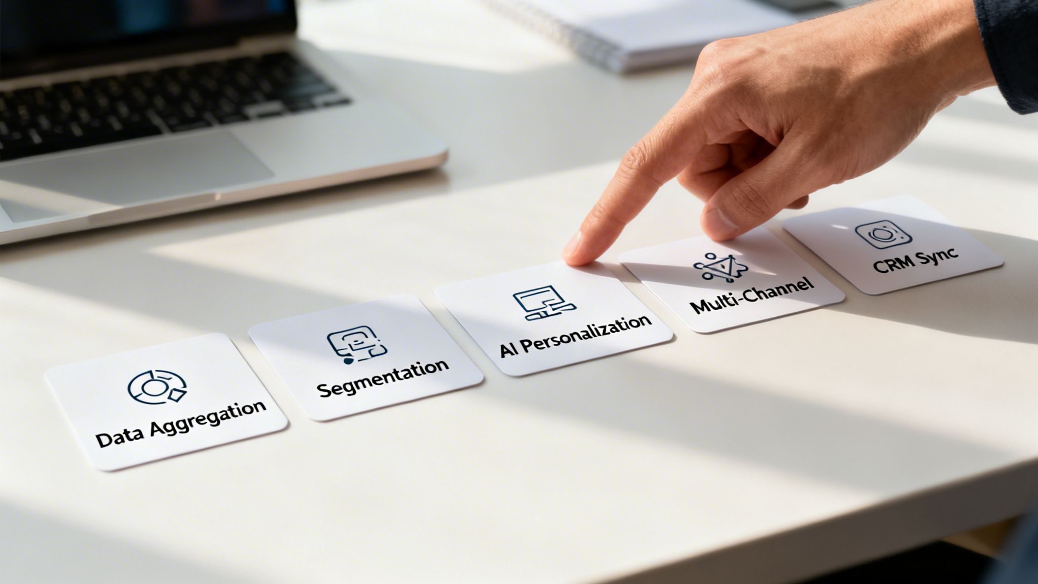 A hand points to cards on a table featuring business and data strategy concepts like AI personalization.