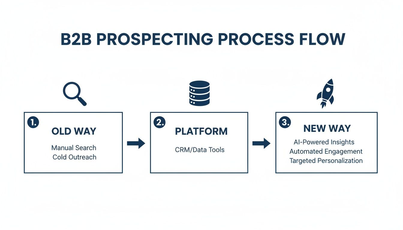 B2B prospecting process flow diagram illustrating the evolution from old manual methods to new AI-powered strategies.