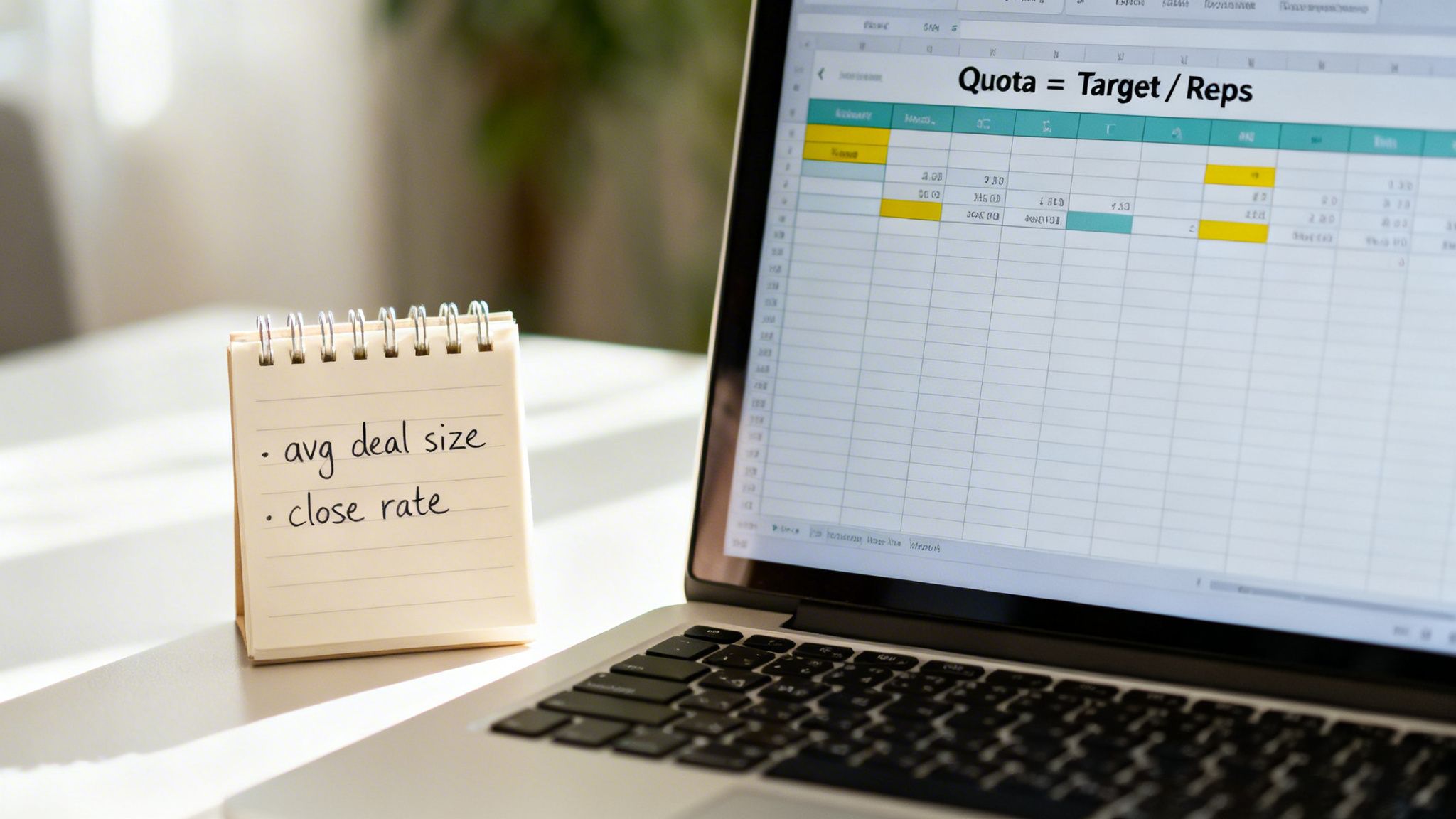 A laptop displays a sales quota spreadsheet and a notepad with key metrics for sales planning.