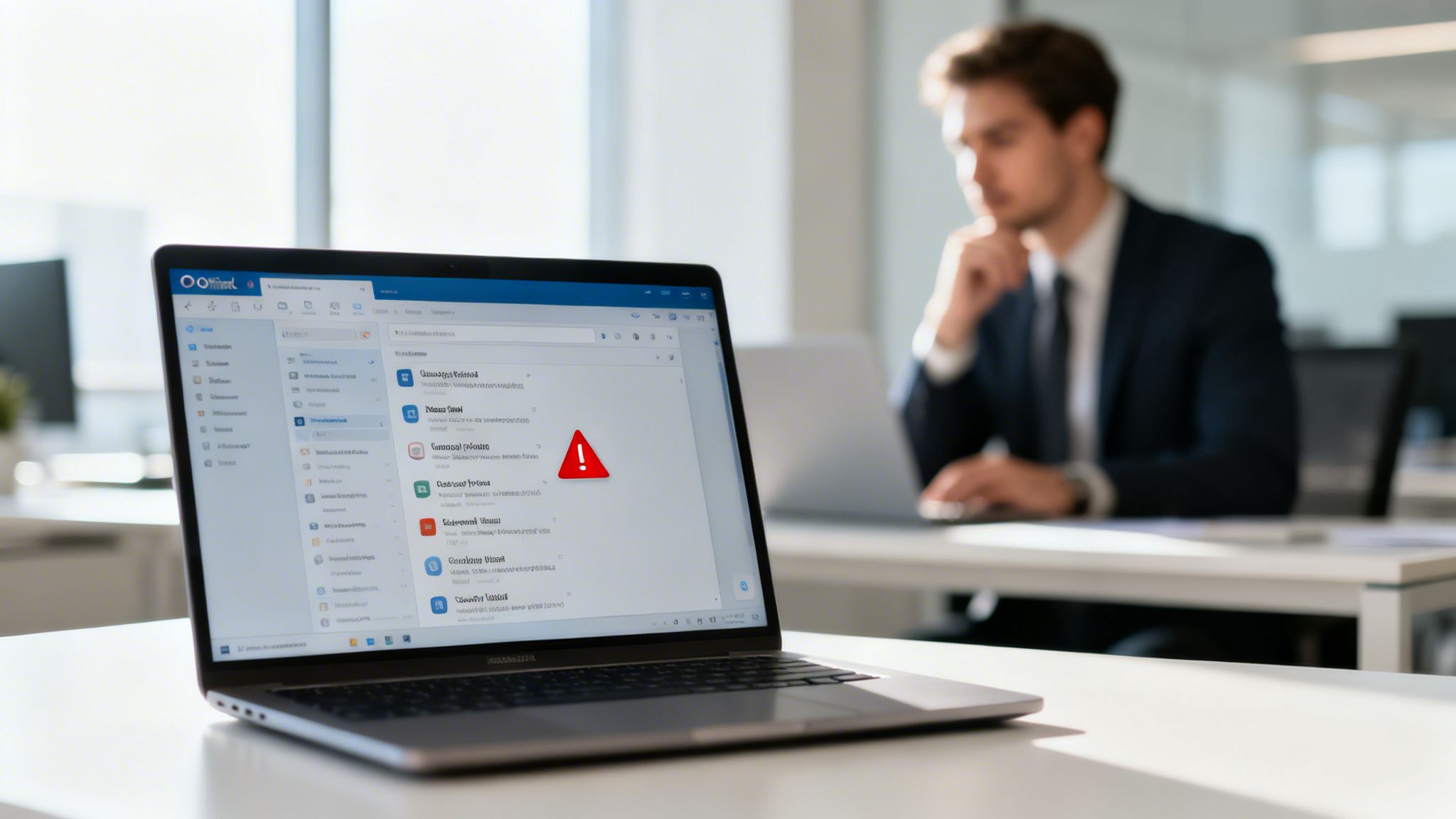 Laptop screen showing an email client with a red warning symbol in a bright office, a man working.