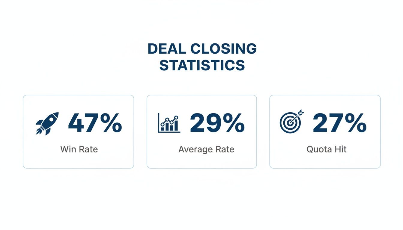 A display of deal closing statistics with a 47% win rate, 29% average rate, and 27% quota hit.
