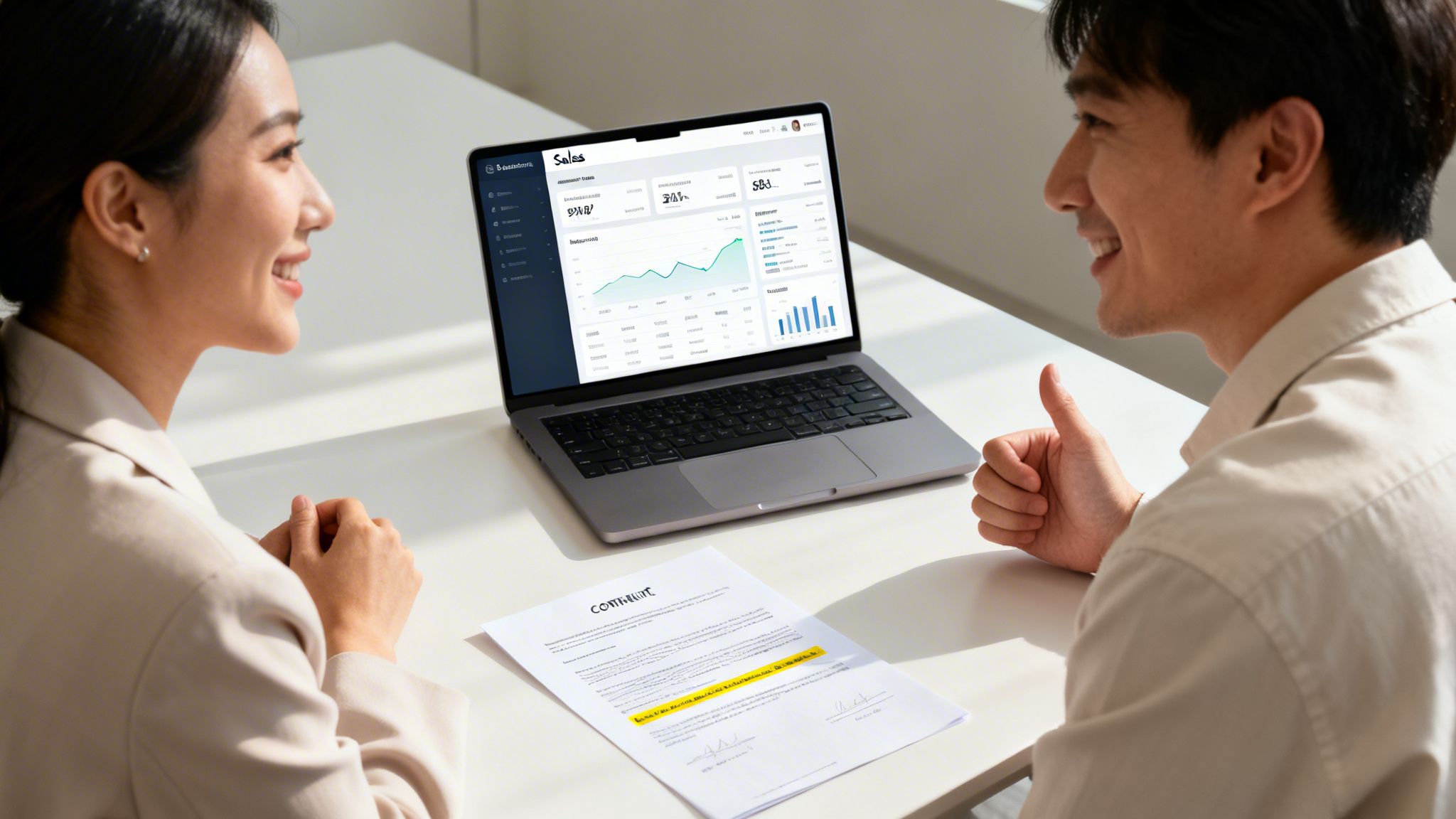 Two smiling business professionals review sales data on a laptop and a contract, indicating successful deal closure.