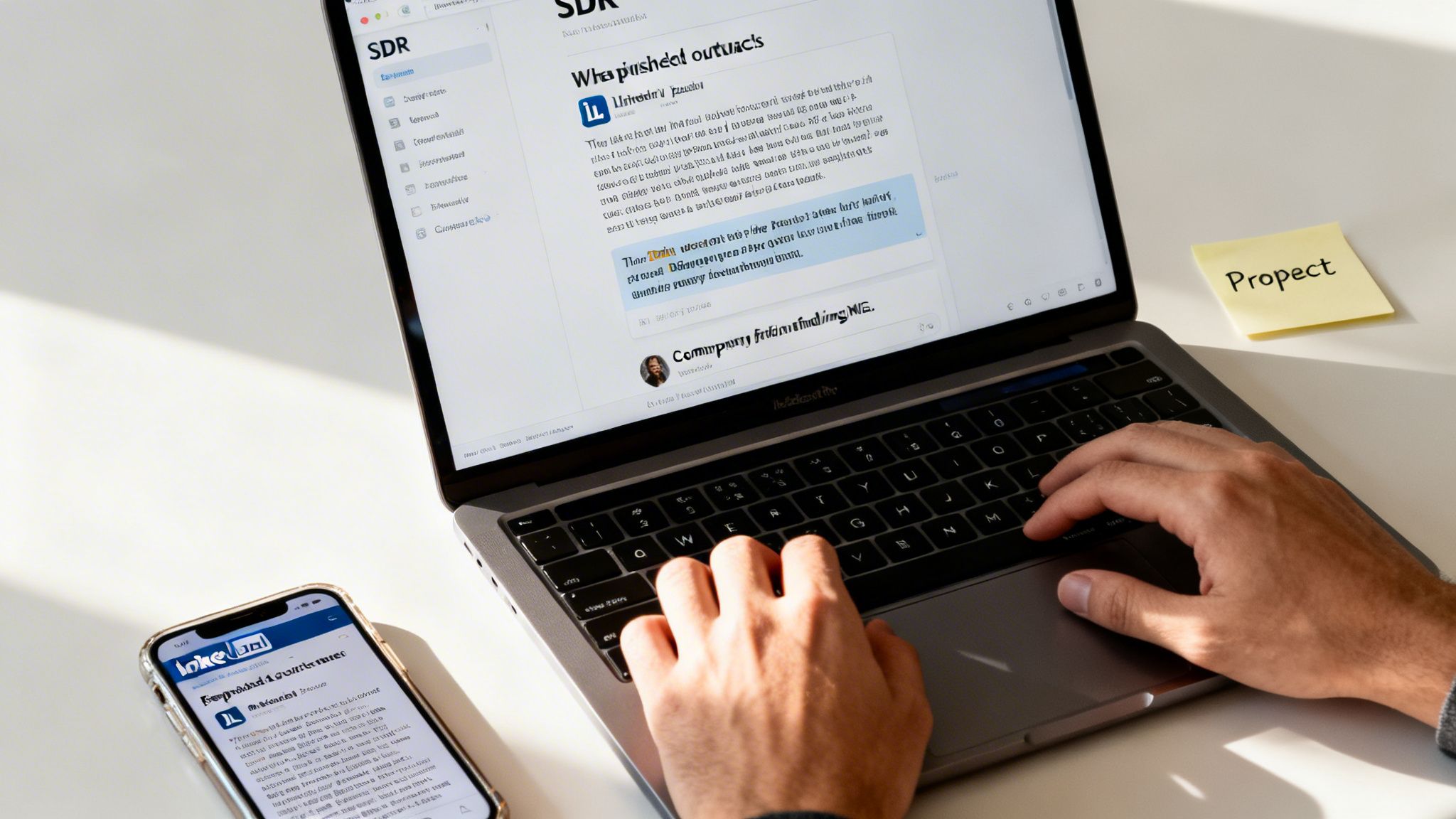 Person typing on a laptop displaying a sales development interface, with a phone and 'Propect' sticky note.