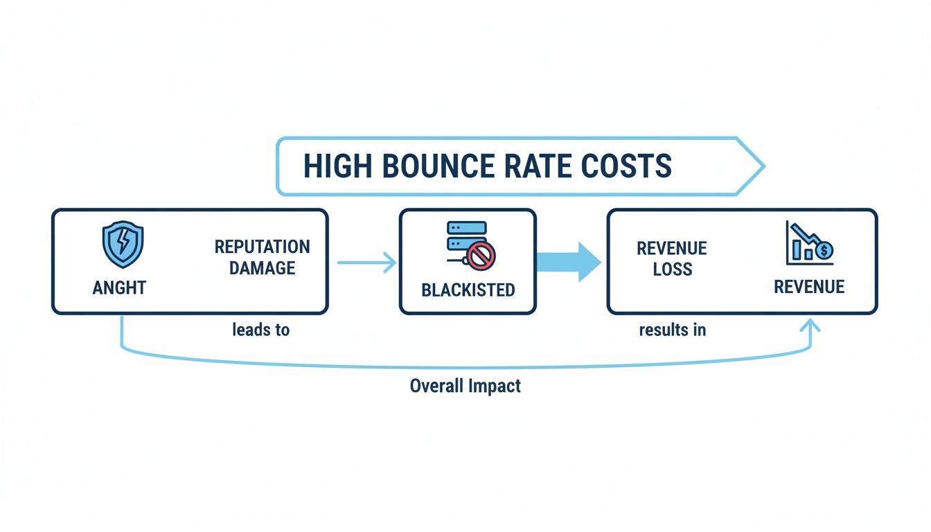 Diagram illustrating the impact of high bounce rates on reputation damage, blacklisting, and revenue loss.